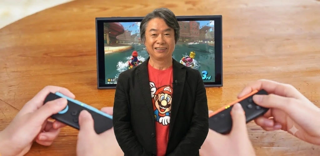 Miyamoto frente a una Nintendo Switch 2 vestido con una camiseta de super mario roja y traje